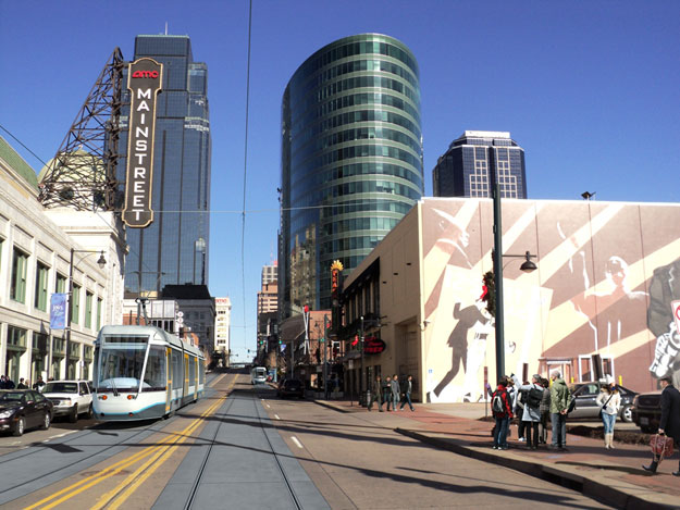 Streetcar operating southbound on Main Street in the Power and Light District.